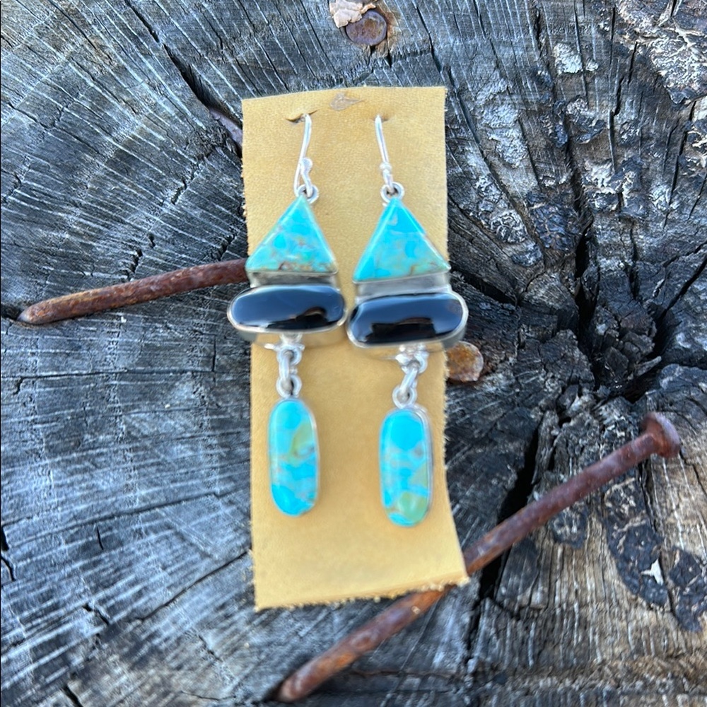 Elegant Sterling Silver, Turquoise and Black Onyx Dangle Earrings